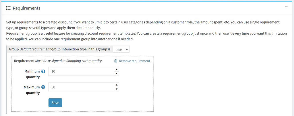 saved requirement for on shopping cart quantity nopcommerce discount rule
